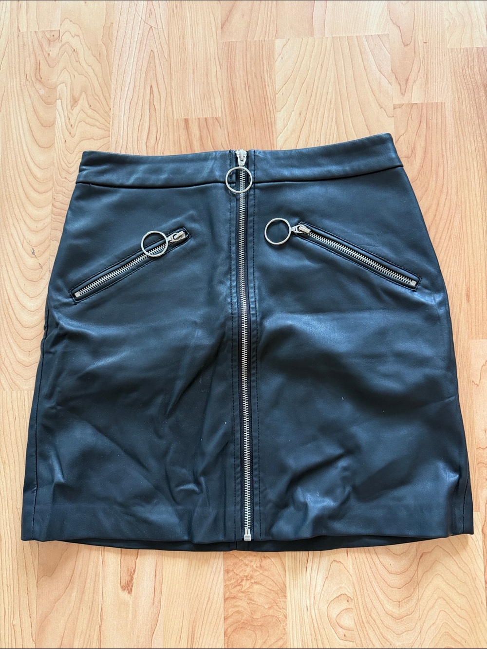 Mango Black Faux Leather Mini Skirt with Ring-Zip Details
